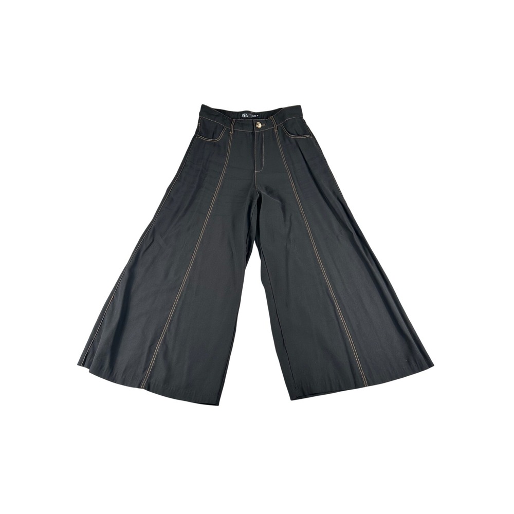 Zara Wide Leg Pants Women M Black High Rise Contrast Stitch Academia Cropped